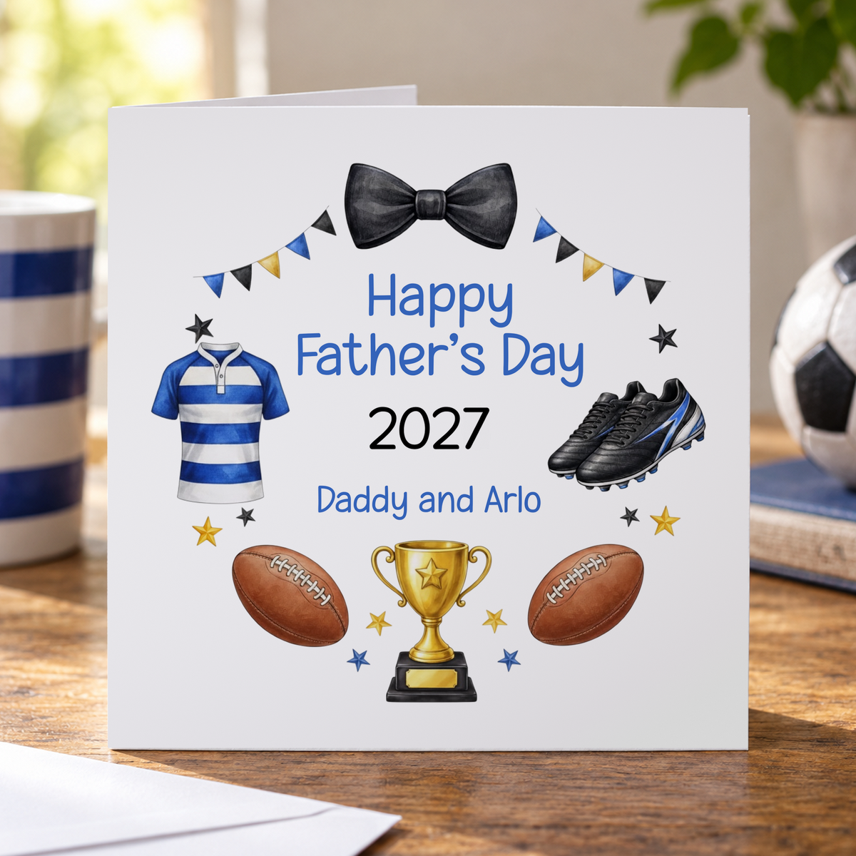 Personalised Father's Day Card, Rugby and Football, Any Names, 6x6 Inch