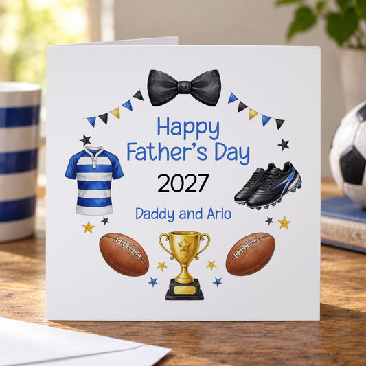 Personalised Father's Day Card, Rugby and Football, Any Names, 6x6 Inch