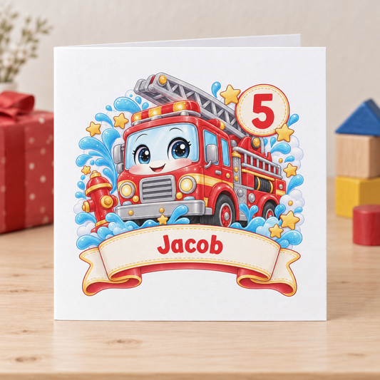 Personalised Fire Engine Birthday Card, Any Age & Name, 6x6 Inch