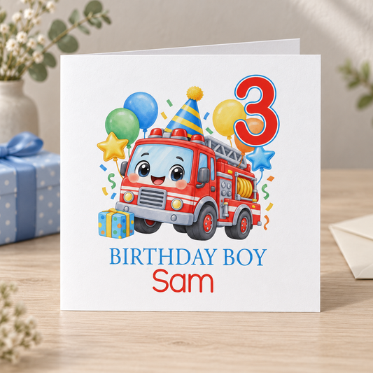 Personalised Fire Engine Birthday Card, Any Age & Name, 6x6 Inch