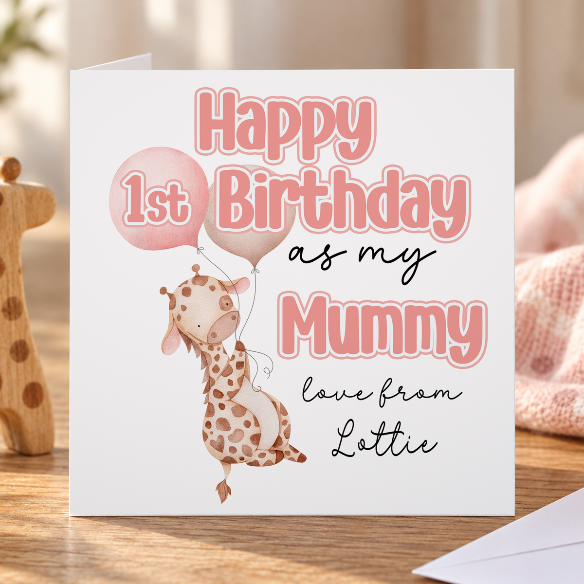 Personalised First Birthday as My Mummy Card, Giraffe, Any Name, 6x6 Inch