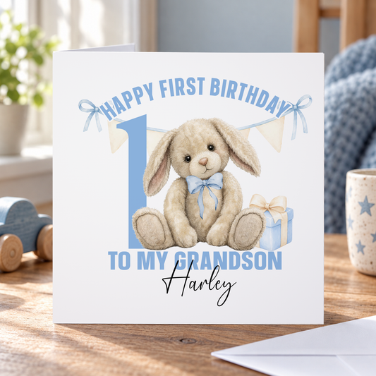 Personalised First Birthday Card – Blue Bunny Baby Boy Keepsake