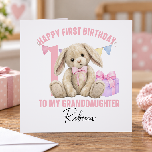 Personalised First Birthday Card - Pink Bunny Design for Baby Girls
