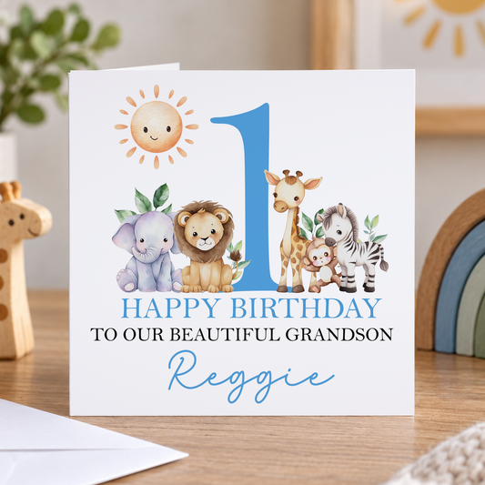 Personalised First Birthday Card – Safari Animals & Blue Number One Design