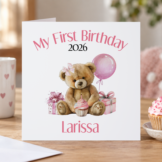 Personalised First Birthday Card – Teddy Bear & Balloons, Pink Keepsake