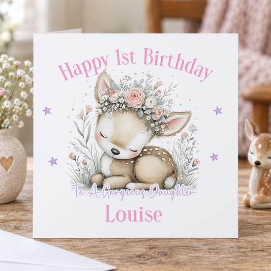 Personalised First Birthday Deer Card – Floral Fawn Keepsake