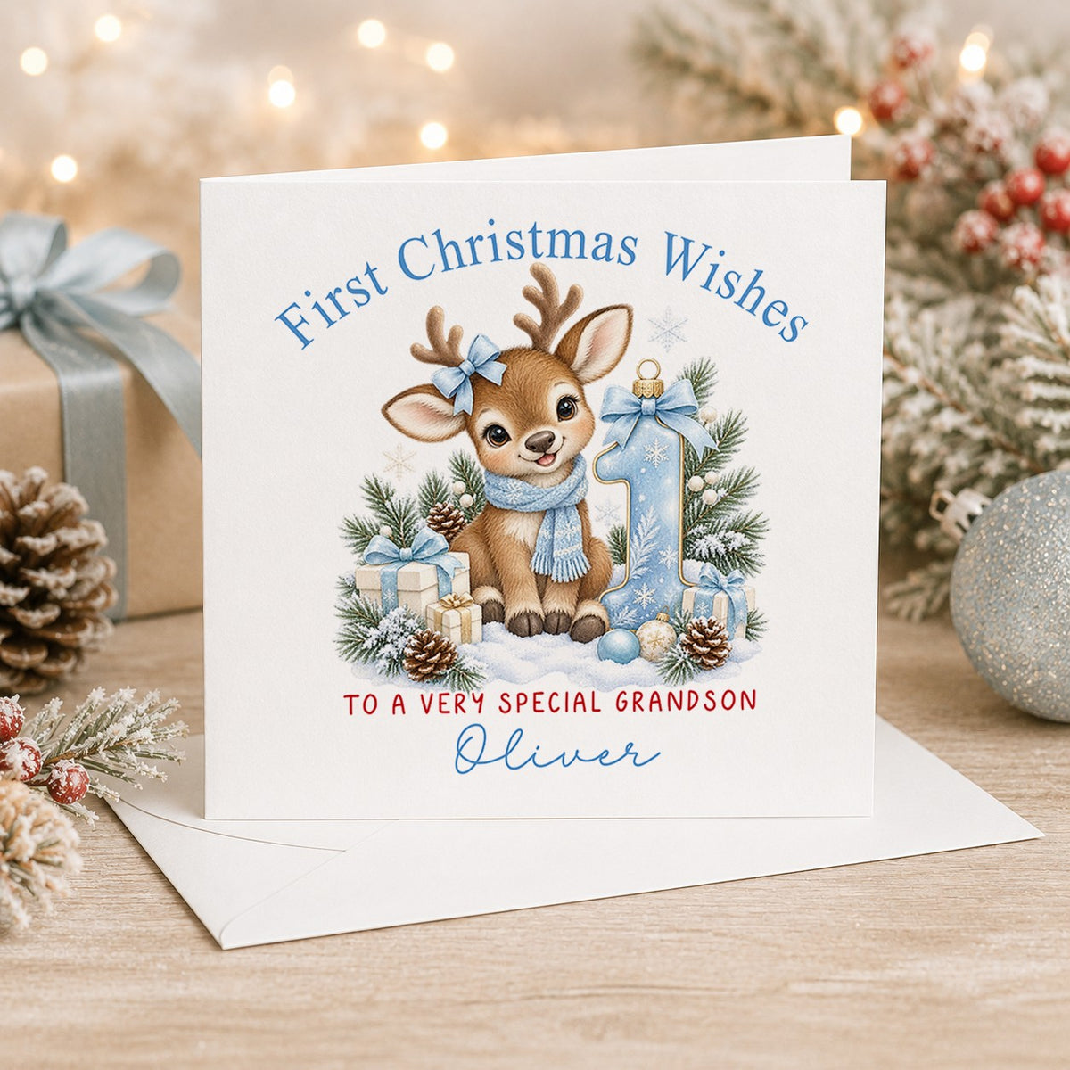 Personalised 6x6 First Christmas Wishes card with a sweet baby reindeer in a blue scarf sitting in the snow beside a sparkly blue number 1 bauble, “To a very special grandson Oliver”