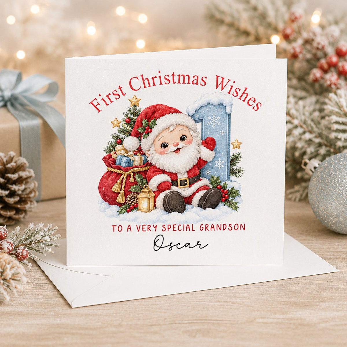 Personalised 6x6 First Christmas Wishes card with a cheeky little Santa waving beside his sack of presents and a snowy blue number 1, “To a very special grandson Oscar”