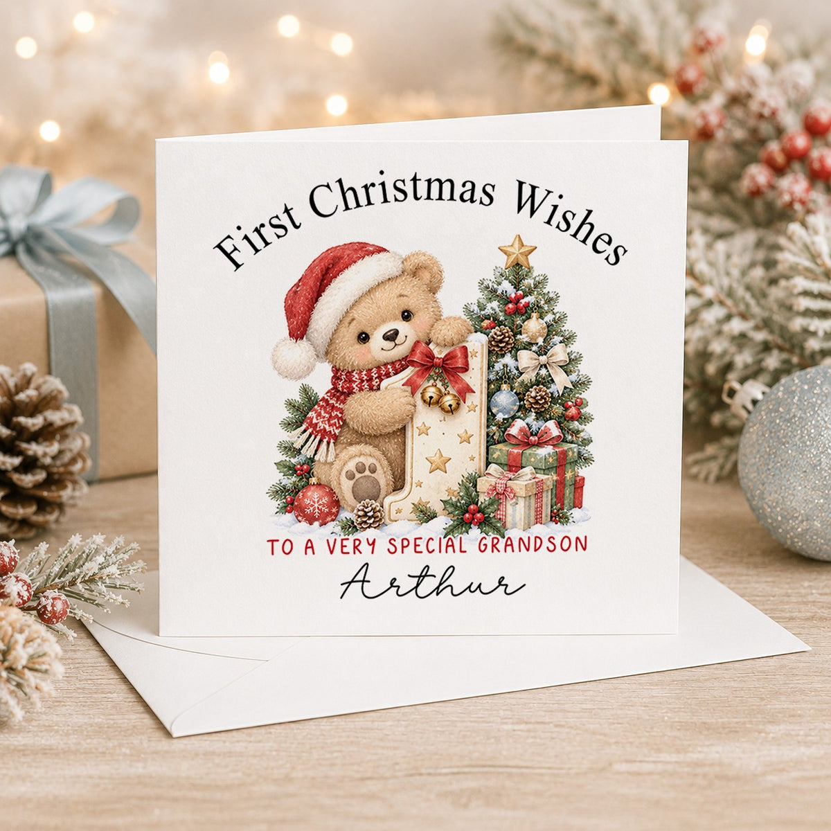 Personalised 6x6 First Christmas Wishes card with a cuddly teddy bear in a Santa hat and red scarf hugging a starry cream number 1 beside a decorated Christmas tree and presents, “To a very special grandson Arthur”
