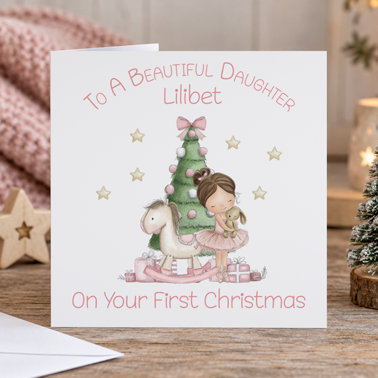 Personalised First Christmas Card for Daughter – Little Girl & Christmas Tree, 6x6