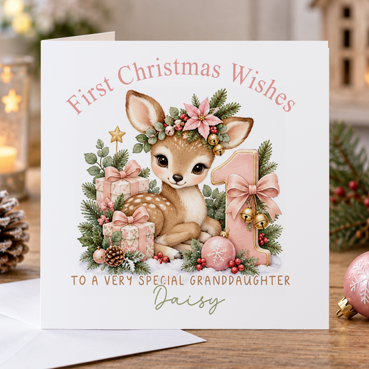 Personalised First Christmas Card for Granddaughter – Baby Deer with Number 1, Any Relation 6x6