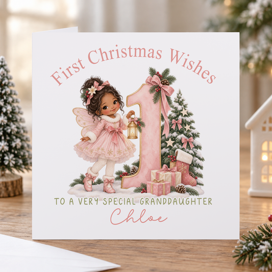 Personalised First Christmas Card for Granddaughter – Fairy with Lantern with Number 1, Any Relation 6x6
