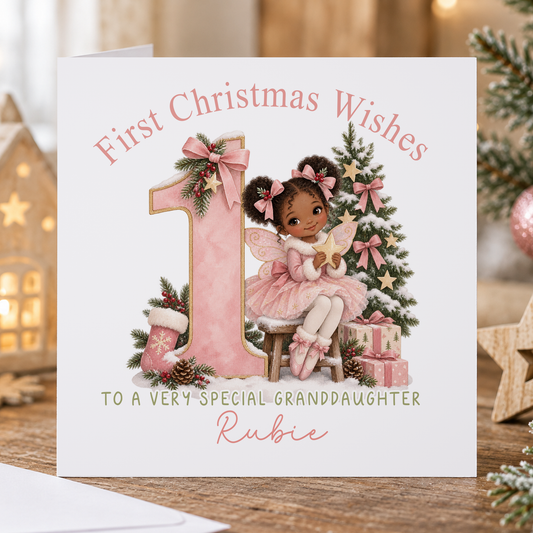 Personalised First Christmas Card for Granddaughter – Fairy with Star with Number 1, Any Relation 6x6