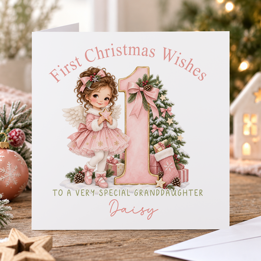 Personalised First Christmas Card for Granddaughter – Little Angel with Number 1, Any Relation 6x6