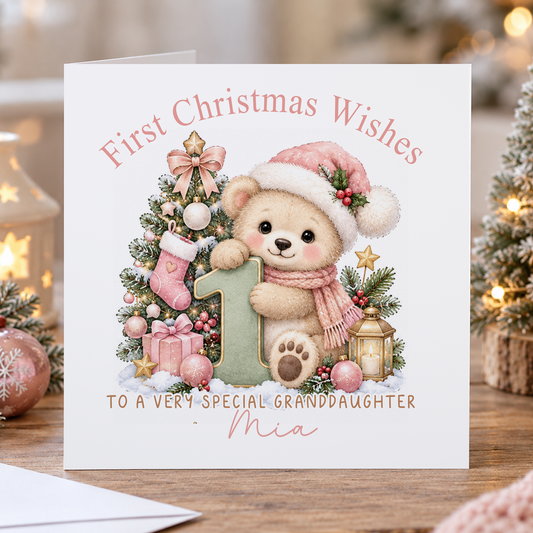 Personalised First Christmas Card for Granddaughter – Pink Teddy with Number 1, Any Relation 6x6