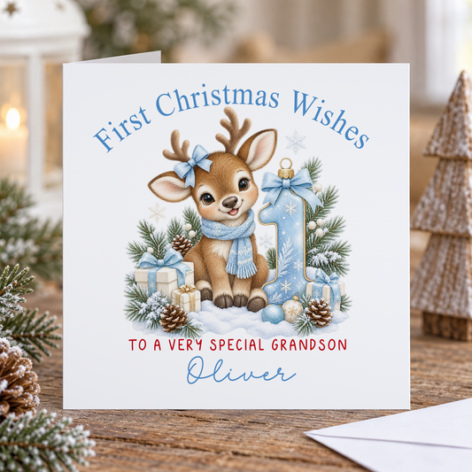 Personalised First Christmas Card for Grandson – Baby Reindeer with Number 1, Any Relation 6x6