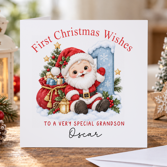 Personalised First Christmas Card for Grandson – Baby Santa with Number 1, Any Relation 6x6