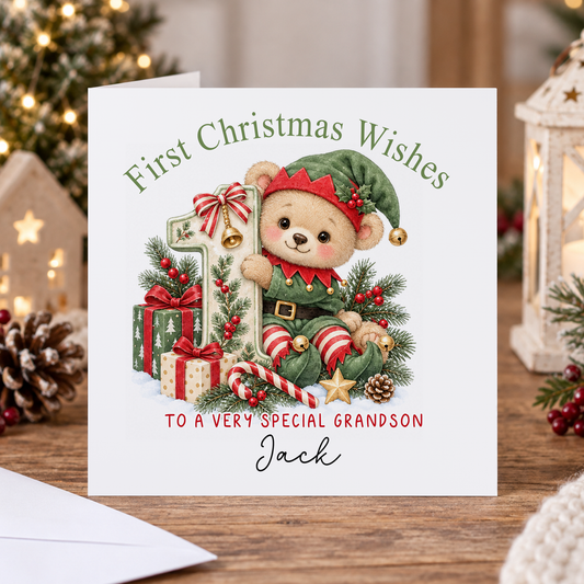 Personalised First Christmas Card for Grandson – Elf Teddy with Number 1, Any Relation 6x6