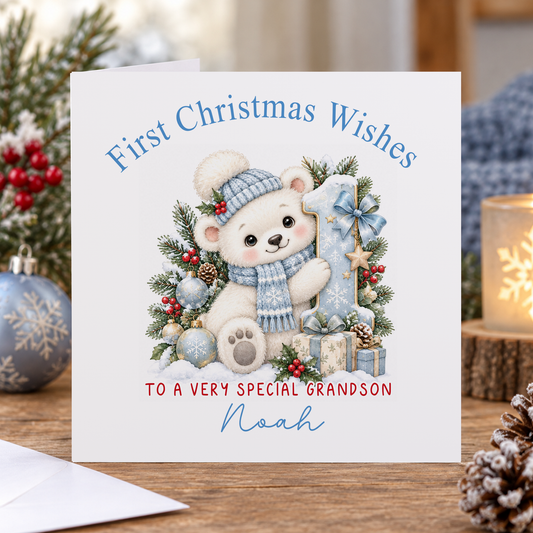 Personalised First Christmas Card for Grandson – Polar Bear with Number 1, Any Relation 6x6