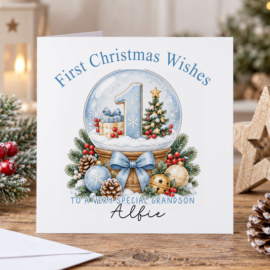 Personalised First Christmas Card for Grandson – Snow Globe with Number 1, Any Relation 6x6