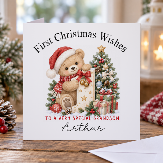 Personalised First Christmas Card for Grandson – Teddy in Santa Hat with Number 1, Any Relation 6x6