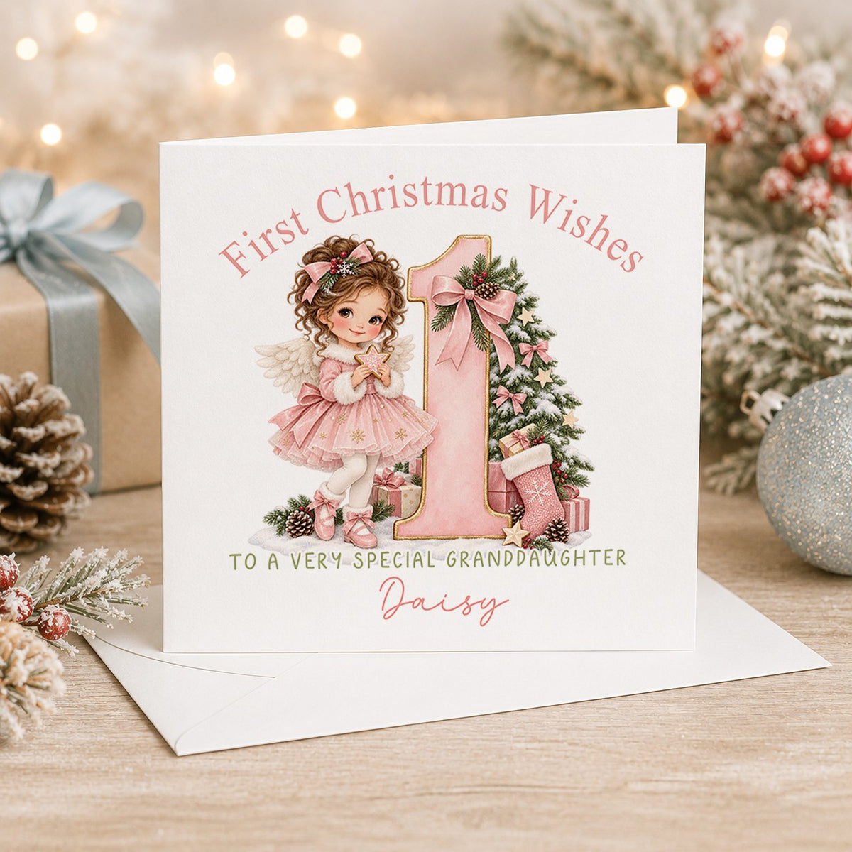 Personalised 6x6 First Christmas Wishes card with a little angel with curly brown hair, “To a very special granddaughter Daisy”