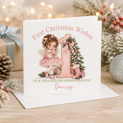 Personalised 6x6 First Christmas Wishes card with a little angel with curly brown hair, “To a very special granddaughter Daisy”