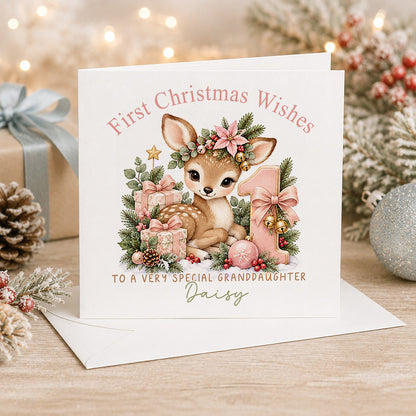 Personalised 6x6 First Christmas Wishes card with a gentle baby deer wearing a pink poinsettia flower crown, “To a very special granddaughter Daisy”