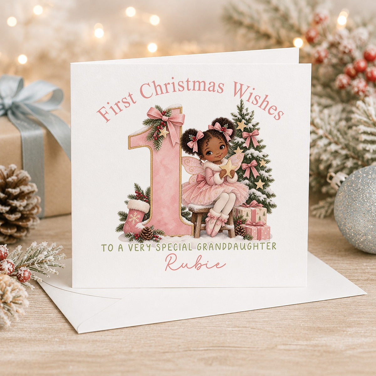Personalised 6x6 First Christmas Wishes card with a little fairy with her hair in puffs and pink bows, “To a very special granddaughter Rubie”