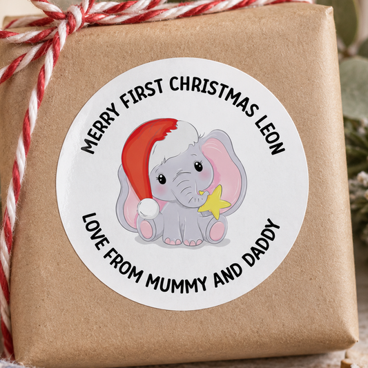 Personalised First Christmas Elephant Stickers – Pastel Baby Gift Labels, Custom Name