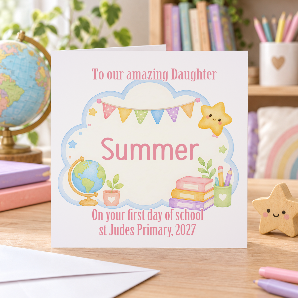 Personalised First Day at School Card, Bunting Board, Any Name & School Year, 6x6 Inch