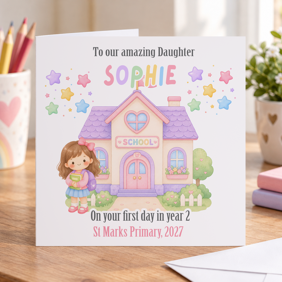 Personalised First Day at School Card, Pastel School House, Any Name & School Year, 6x6 Inch