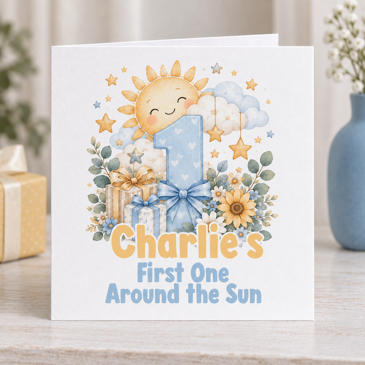 Personalised First Trip Around the Sun 1st Birthday Card, Any Name, 6x6 Inch
