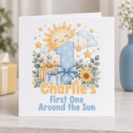 Personalised First Trip Around the Sun 1st Birthday Card, Any Name, 6x6 Inch