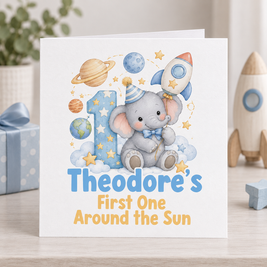 Personalised First Trip Around the Sun Elephant 1st Birthday Card, Any Name, 6x6 Inch