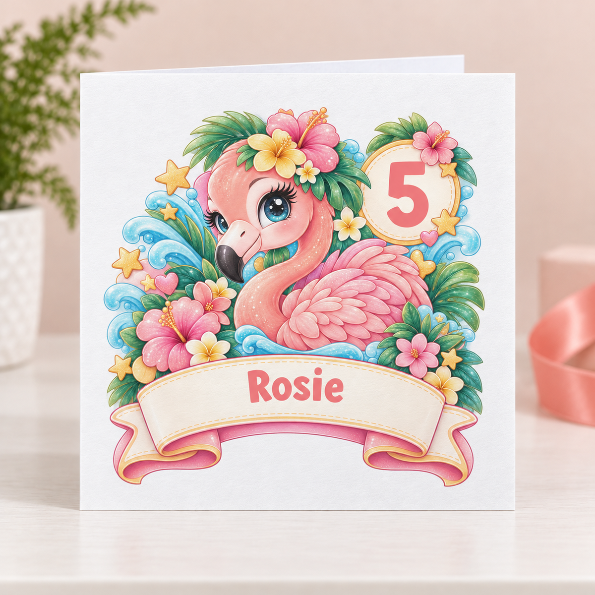 Personalised Flamingo Birthday Card, Any Age & Name, 6x6 Inch