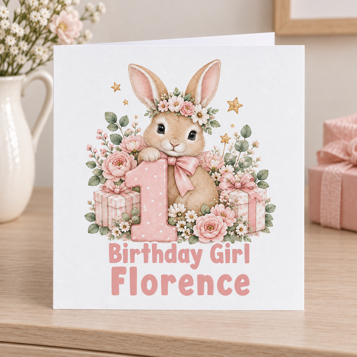 Personalised Floral Bunny 1st Birthday Card, Birthday Girl, Any Name, 6x6 Inch