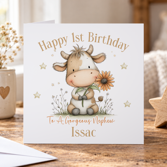 Personalised Floral Calf Birthday Card – Cow Farm Animal Design with Name & Age