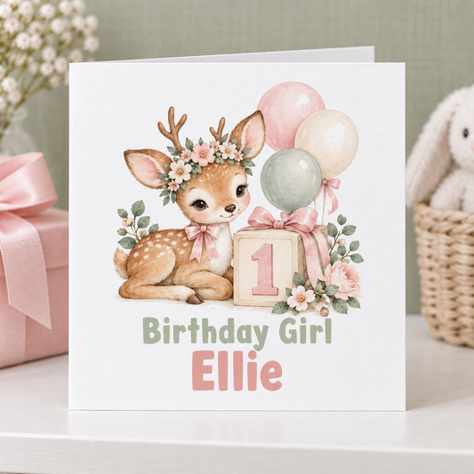 Personalised Floral Deer 1st Birthday Card, Birthday Girl Name, 6x6 Inch