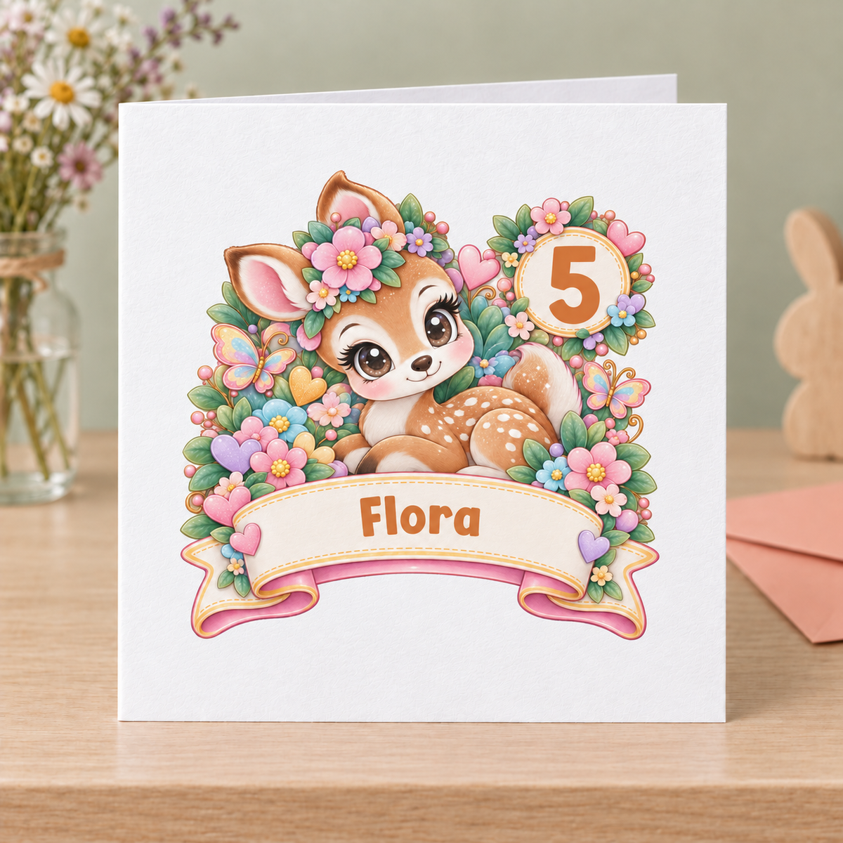 Personalised Floral Deer Birthday Card, Any Age & Name, 6x6 Inch