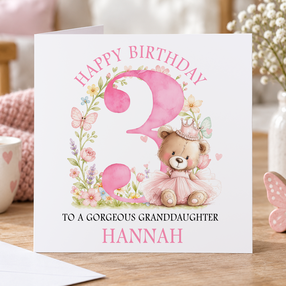 Personalised Floral Teddy Birthday Card, Any Age, Name & Relation, 6x6 Inch