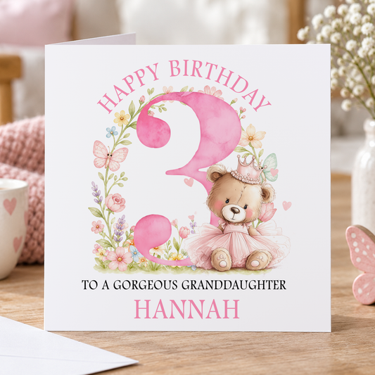 Personalised Floral Teddy Birthday Card, Any Age, Name & Relation, 6x6 Inch