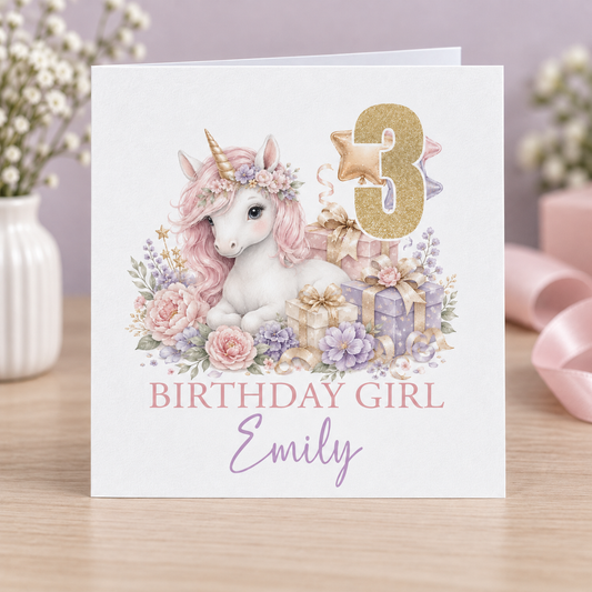 Personalised Floral Unicorn Birthday Card, Gold Number, Any Age, 6x6