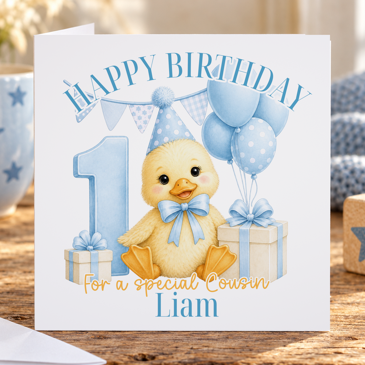 Personalised Fluffy Duckling 1st Birthday Card, Blue, Any Name & Relation, 6x6 Inch