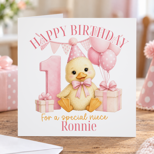 Personalised Fluffy Duckling 1st Birthday Card, Pink, Any Name & Relation, 6x6 Inch