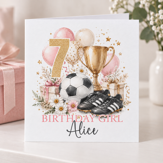 Personalised Football Birthday Card for Girls, Any Age & Name, 6x6