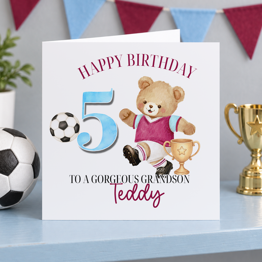 Personalised Football Birthday Card - Teddy Bear Design for Son