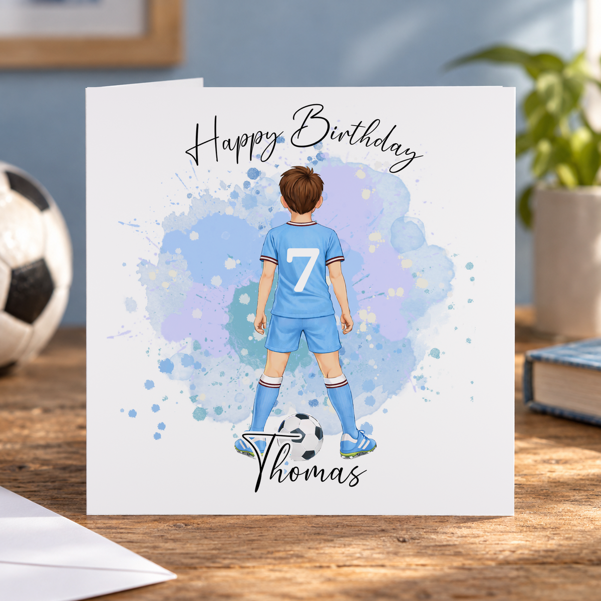 Personalised Footballer Birthday Card, Light Blue Kit, Any Name & Shirt Number, 6x6 Inch