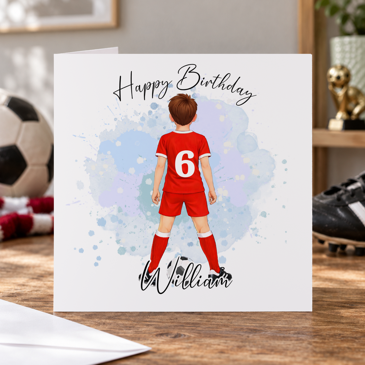Personalised Footballer Birthday Card, Red Kit, Any Name & Shirt Number, 6x6 Inch