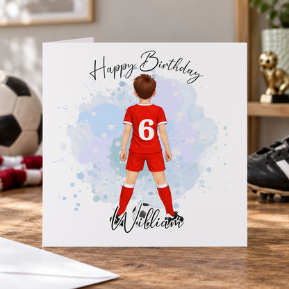 Personalised Footballer Birthday Card, Red Kit, Any Name & Shirt Number, 6x6 Inch